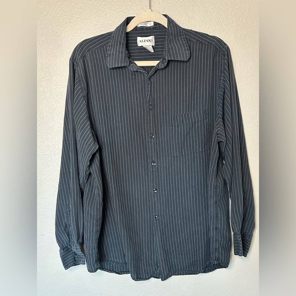 Alfani Men's 100% Silk Button Down Charcoal Pinstripe Dress Business Shirt